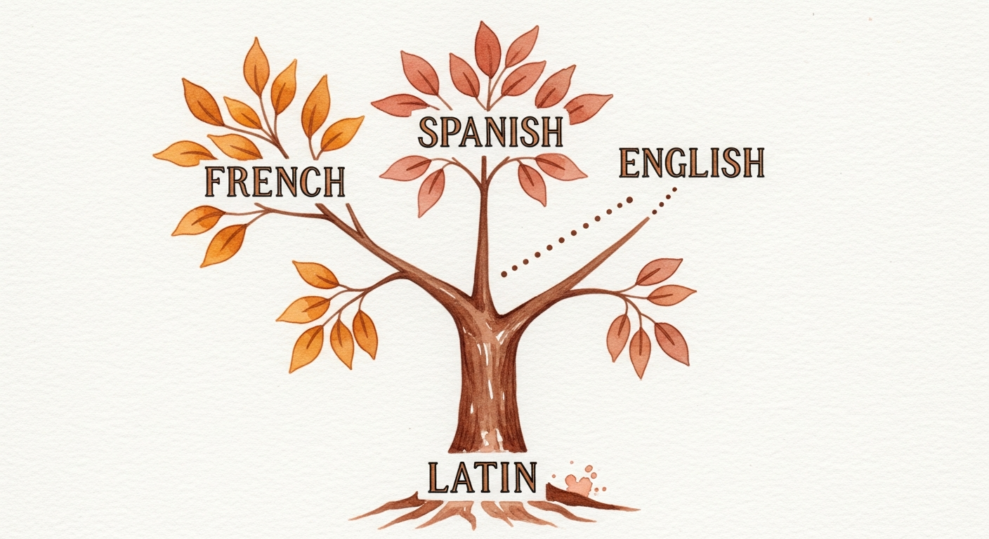 Language family tree showing how Latin branched into French, Spanish, and English — with English borrowing thousands of French (and therefore Spanish) words