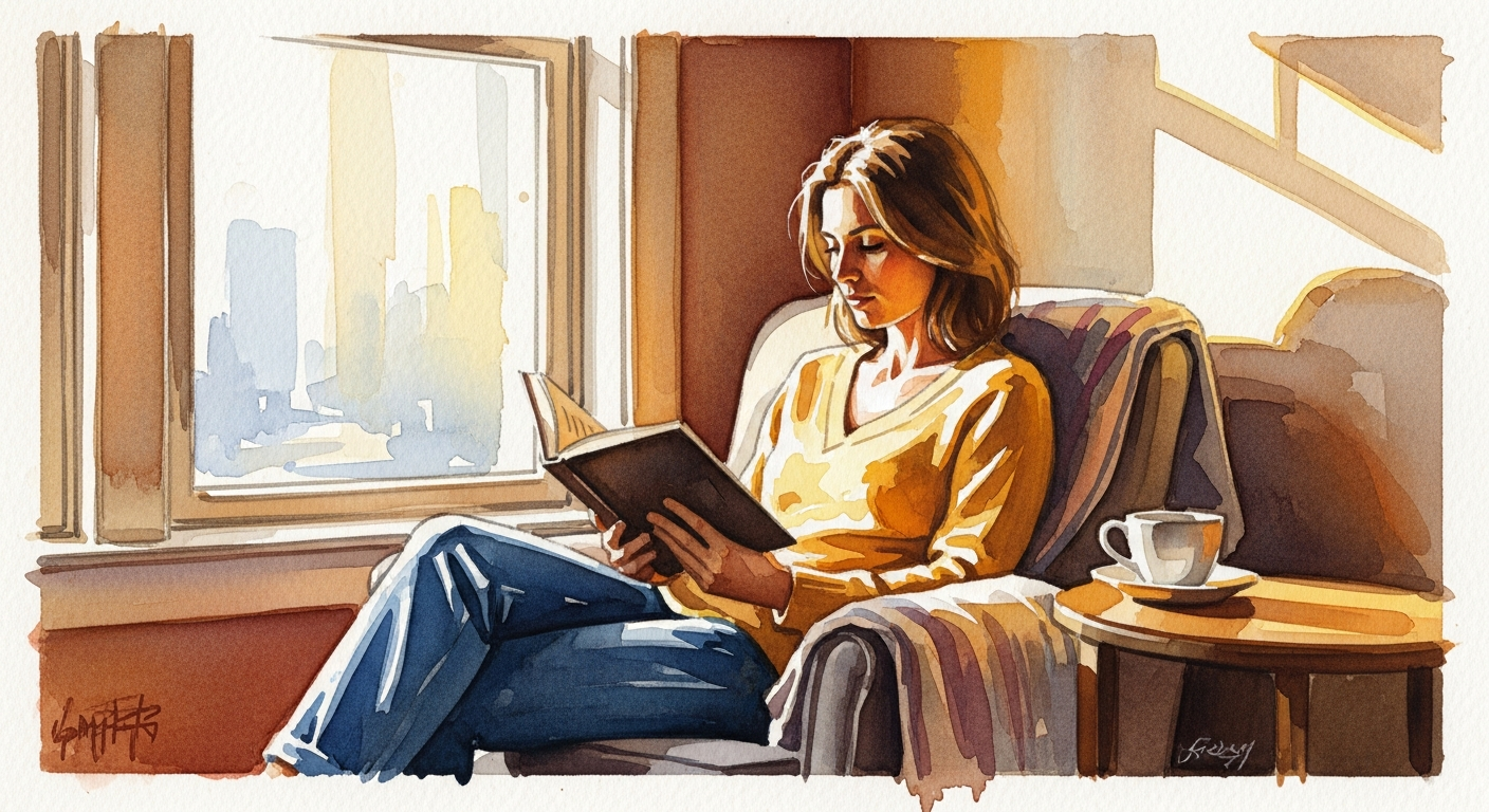 A woman comfortably reading a Spanish book in a sunlit room — the cozy, immersive reading experience AlmostEnglish creates